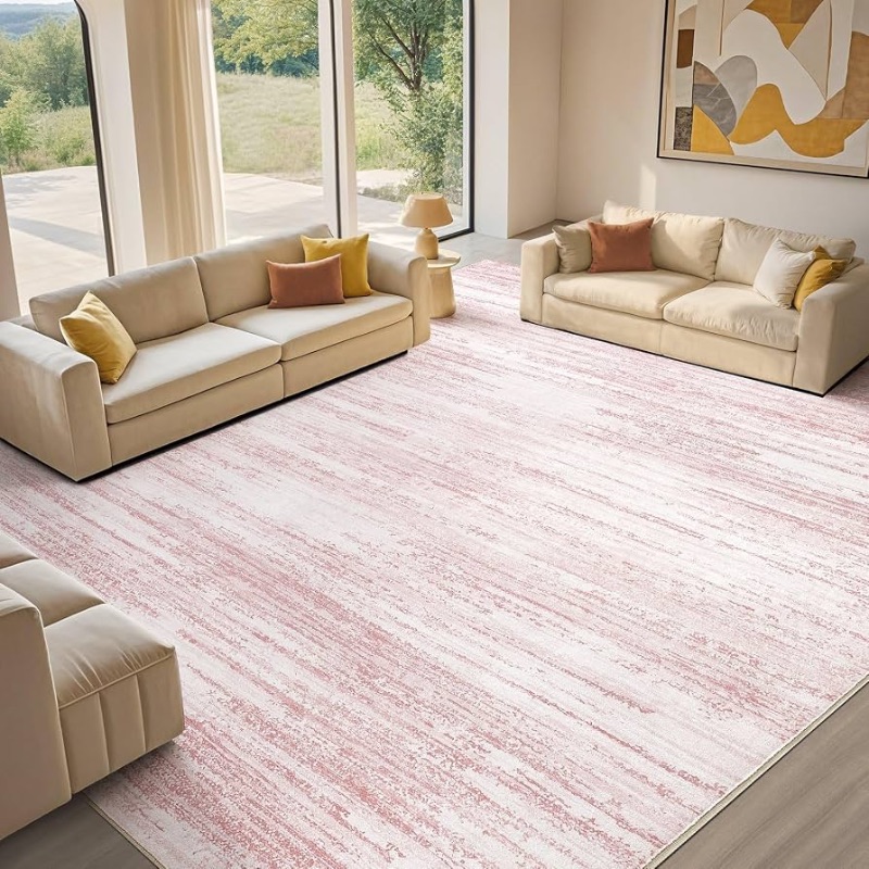 Photo 1 of ***STOCK PHOTO FOR REFERENCE ONLY***Area Rug Living Room - 9X12 Abstract Washable Large Soft Foldable Non Slip Rug Neutral Modern Low Pile Carpet for Bedroom Nursery Dining Room Kitchen Home Office Indoor - Pink