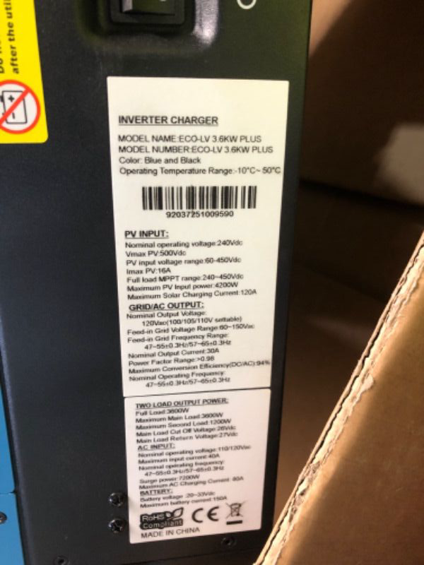 Photo 1 of **ISNT PRODUCING FULL POWER** SUMRY Solar Inverter Charger, 3600W DC 24V to AC 110V Hybrid Voltage Converter with 120A MPPT Charge Controller, Pure Sine Wave Power for Battery-Less or AGM Lithium Battery Home Energy System