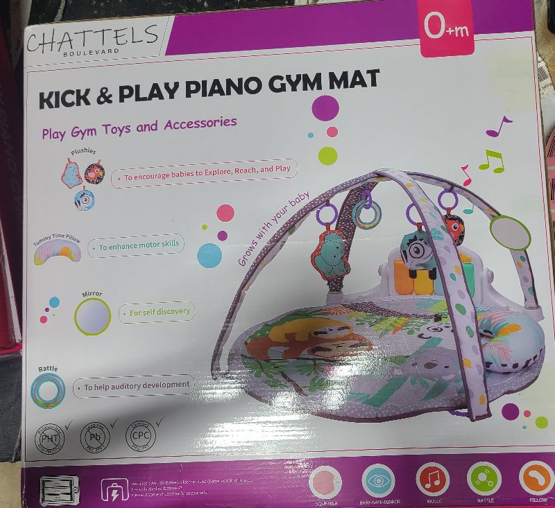 Photo 1 of  7-in-1 Baby Play Gym Mat with 2 Washable Covers, Infant Activity Mat with 6 Sensory Toys for Visual, Hearing & Cognitive Development, Thick Non-Slip Playmat for Babies & Toddlers