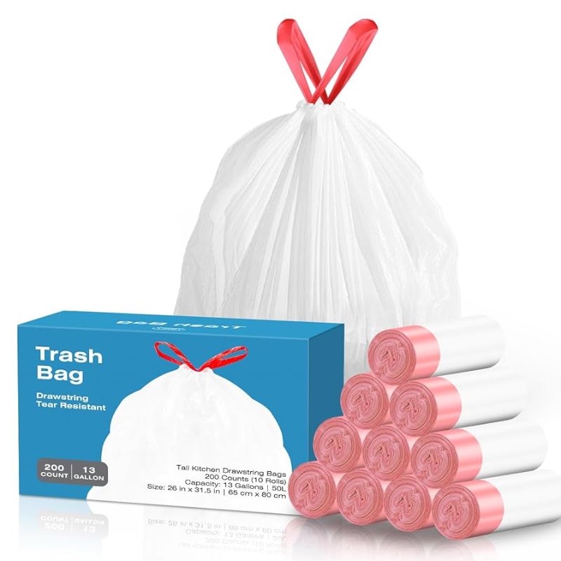 Photo 1 of 13.2 Gallon Tall Kitchen Drawstring Trash Bags, 200 Count Pre-separated Garbage Bags, Unscented, Leak Proof, Waste Bag for Kitchen, Office, Home (White)