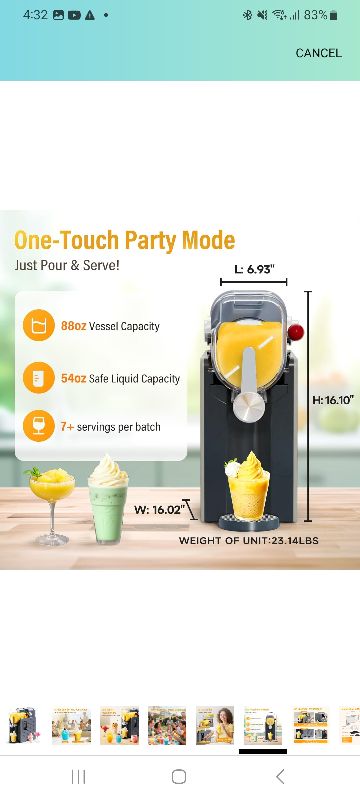Photo 1 of
4.2
4.2 out of 5 stars
(104)
Slushy Machine for Home - 88oz Frozen Drink Maker, 2 In 1 Soft Serve Ice Cream & Slushie Machine with LED Display, No Ice Needed, 6 Preset Programs for Frozen Margaritas, Frappe, Smoothie, Milkshake
400+ bought in past month