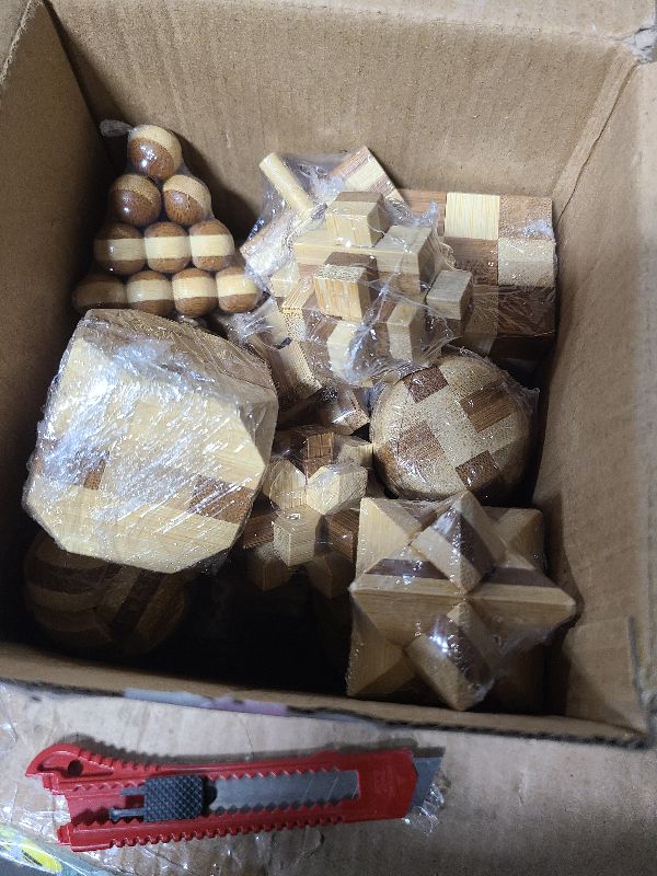Photo 1 of 18 Pack Wooden Brain Teaser Puzzles Stress Relief Toys Wooden Burr Puzzles Brain Teaser Puzzle with Gift Packing Box Magic Puzzle Games Toy for Kids and Adults by AHYUAN (Bamboo)