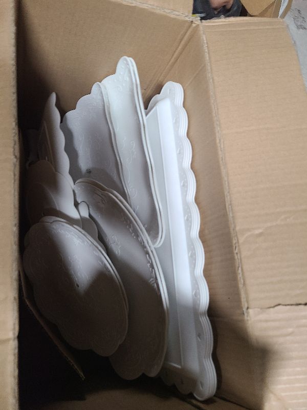 Photo 1 of 10 Pcs Cake Stand White Plastic Dessert Table Display Set 4 Pcs 3 Tired Cupcake Stand Cookie Tray Rack Serving Tray Cake Display Tower and 6 Pcs Dessert Trays for Wedding Baby Shower Tea Party