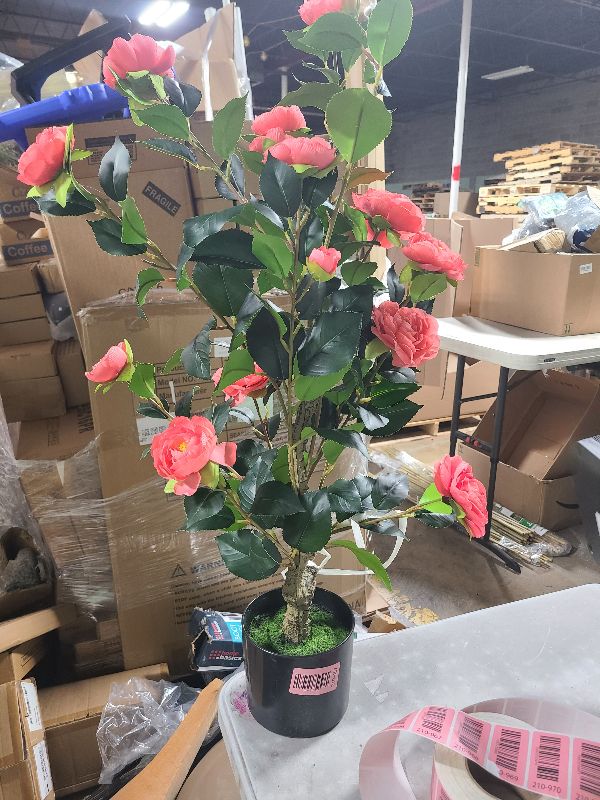 Photo 1 of 40" Artificial Camellia Tree with Vibrant Pink Flowers & Lush Green Foliage – Faux Plant for Indoor, Outdoor, Home & Garden Décor, Front Door Accent