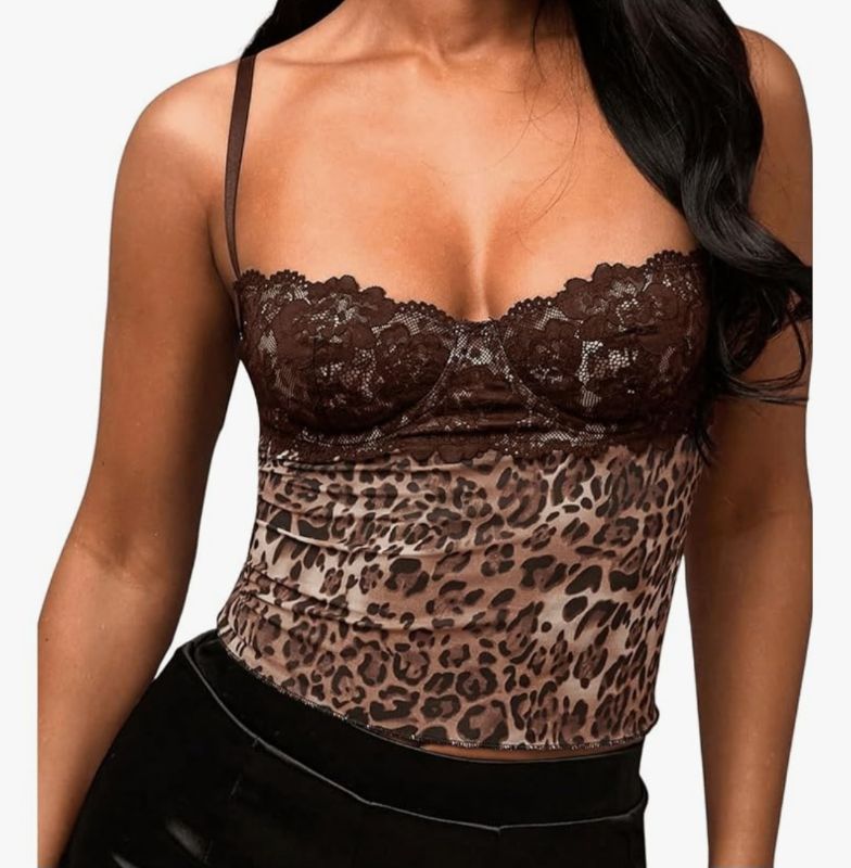 Photo 1 of  Women's Floral Lace Trim Camisole Spaghetti Strap Fitted Shirt Top Summer Crop Cami Tops
