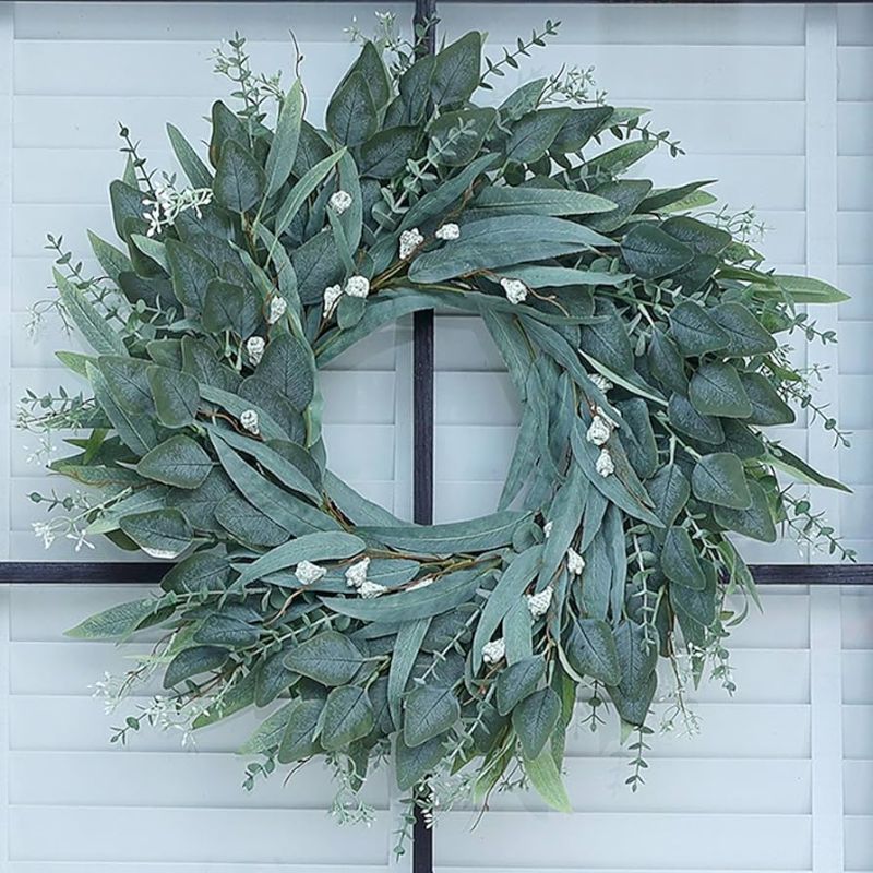 Photo 1 of 26" Eucalyptus Wreath for Front Door - Large Artificial Greenery Outdoor Wreath for Porch, Window,Farmhouse,Home,Holiday,Hanging Decor- Spring, Summer, Fall, All Seasons (Green)
