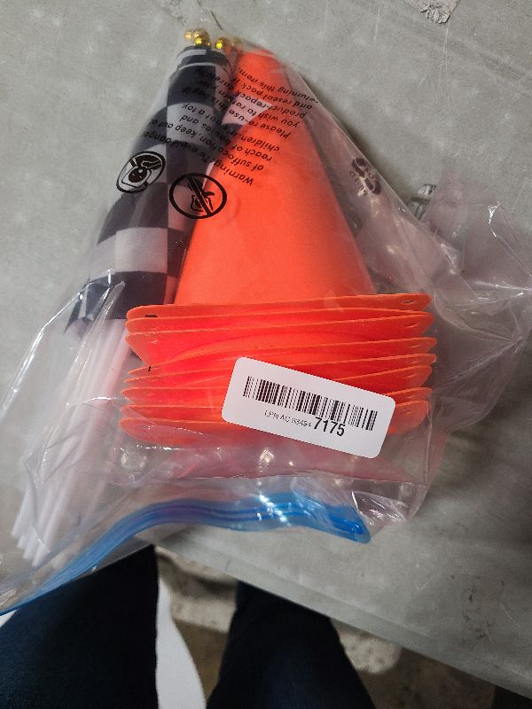 Photo 1 of 29 Pcs Race Car Birthday Party Supplies, Include 2 Plastic Table Cloth, Black Race Track Running Mat, 16 Checkered Flag, 8 Orange Traffic Cones, 2 Tire Tube Swim Ring for Racing Theme Party Decoration