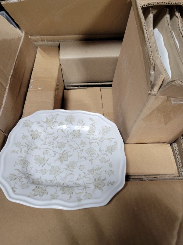 Photo 1 of 225 Fifth Batik Toile Taupe Porcelain 12-Piece Dinnerware Set – Service for 4, Includes Dinner Plates, Salad Plates & Cereal Bowls, Glossy Finish, Dishwasher Safe, for Everyday Dining & Entertainment