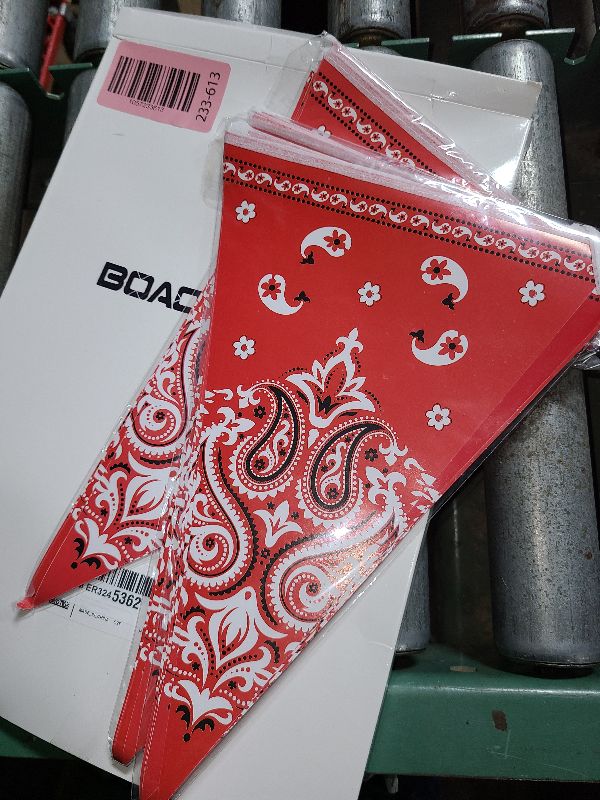 Photo 1 of 5 Pack Western Cowboy Party Decorations Bandana Pennant Banner Wild West Decor Western Cowboy Themed Yee Haw Country Party Decoration Supplies 9.8 x 5 ft(Red Paisley)