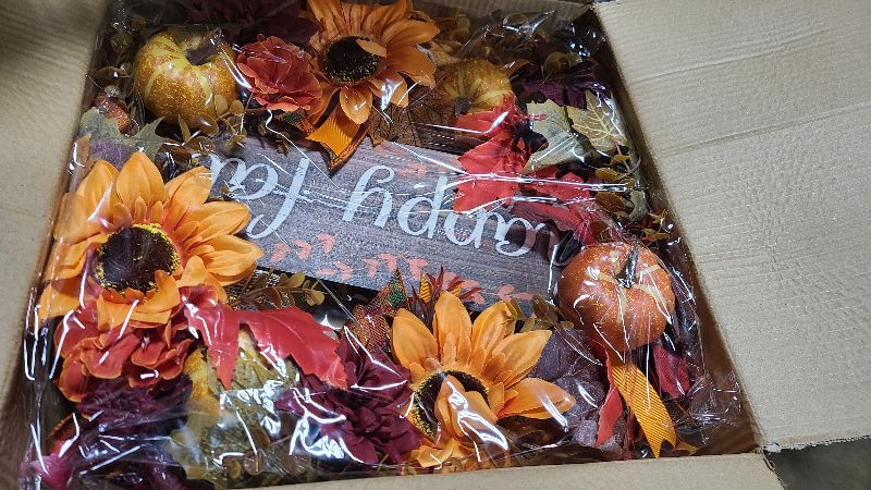 Photo 1 of 20 Inch Artificial Fall Wreaths for Home Front Door Rustic Autumn Wreath with Pumpkin, Sunflower, Mixed Leaves, Happy Fall Sign, Large Wreath for Halloween Thanksgiving Indoor Outdoor Decorations