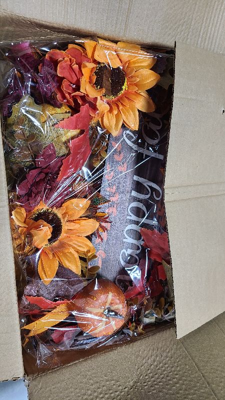 Photo 1 of 20 Inch Artificial Fall Wreaths for Home Front Door Rustic Autumn Wreath with Pumpkin, Sunflower, Mixed Leaves, Happy Fall Sign, Large Wreath for Halloween Thanksgiving Indoor Outdoor Decorations