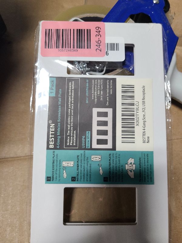 Photo 1 of [1 Pack] BESTTEN 4 Gang Screwless Decorative Wall Plate, Mid-Size H4.88" x W8.58", USWP6 Gloss Snow White, Faceplate Cover for Decorator Receptacle Outlet & Switch