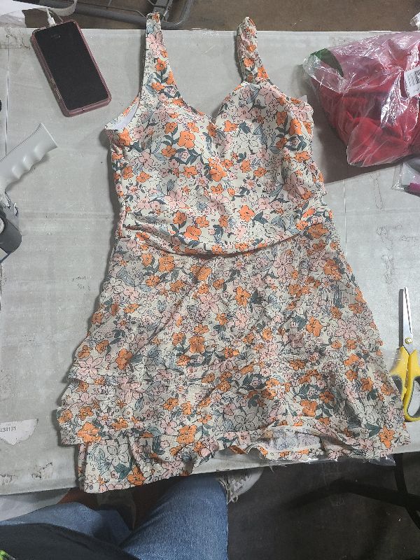 Photo 1 of  Women's One Piece Swimsuit Bathing Suit Scoop Neck Swimdress Wide Straps Tie Knot Swim Skirt L