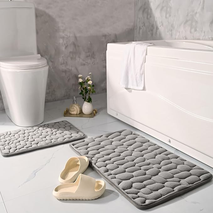Photo 1 of **MSRP 22.99** Bath Mat 2 Piece Memory Foam Cobblestone Bathroom Rug Set Soft Absorbent Toilet Shower Bath Rugs Rectangular Floor Mat Area Rug (Dark Grey)