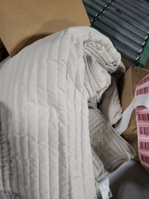 Photo 1 of 100%  polyester King Size Quilt Set - Beige Neutral Striped Pick Stitch Soft Lightweight Bedspread, Textured Like Linen, Farmhouse Country Rustic Coverlet, Shabby Chic Gauze Bedding, 3 Pieces 120x132 inch
