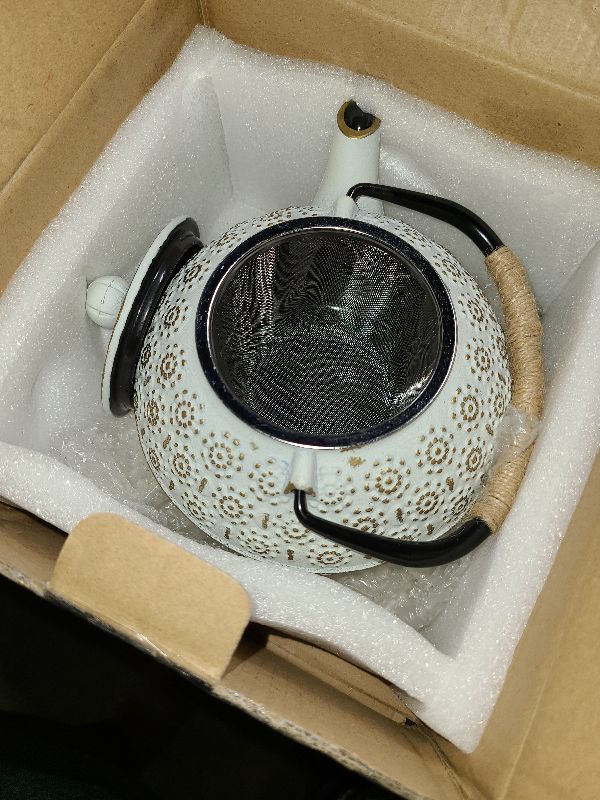 Photo 1 of 3 Piece Set White Japanese Cast Iron Teapot - Loose Leaf Tetsubin with Handle, Stainless Steel Infuser, and Trivet (800 ml Tea Kettle) - 27 oz