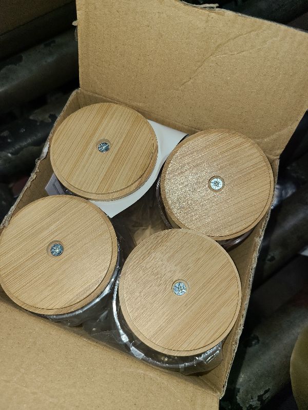 Photo 1 of 4 Pack Qtip Holder Dispenser with Bamboo Lids - 10 oz Clear Plastic Apothecary Jar Containers for Vanity Makeup Organizer Storage - Bathroom Accessories Set for Cotton Swab, Ball, Pads, Floss