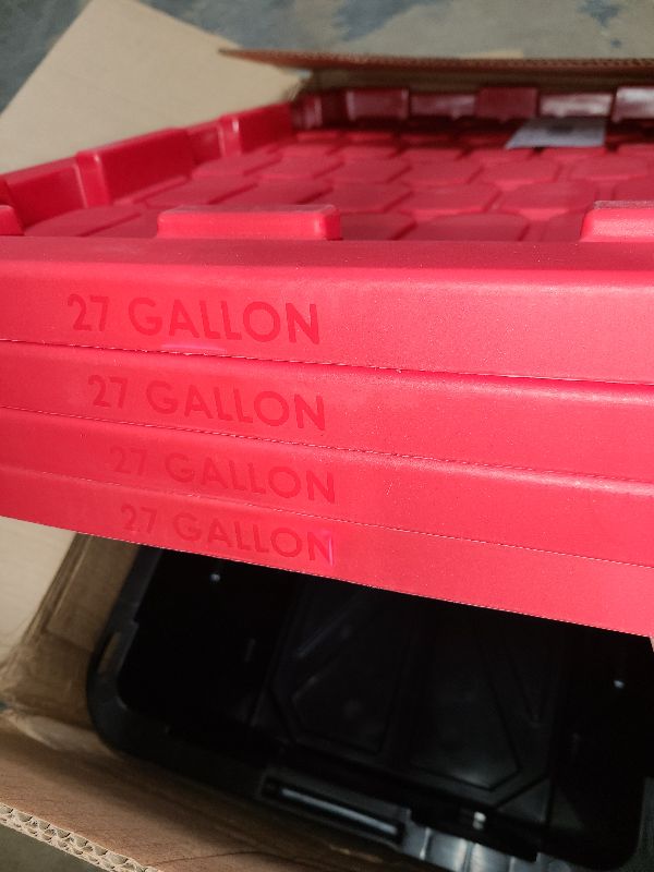 Photo 1 of 27 Gal Industrial Tote,Pack of 2
4, red Plastic storage bins with lids for Garage, Basement, or Outdoor,Heavy Duty storage Totes,Black with Red Lid,Stackable & Nestable 