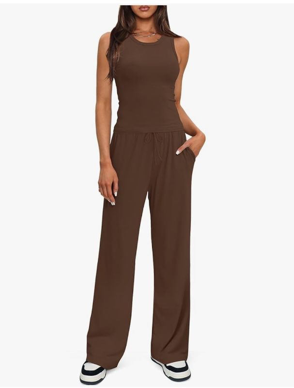 Photo 1 of 2 Piece Outfits Lounge Sets Sleeveless Tank Tops Wide Leg Pants Sets Tracksuits Match Sets (X-Large, Brown)