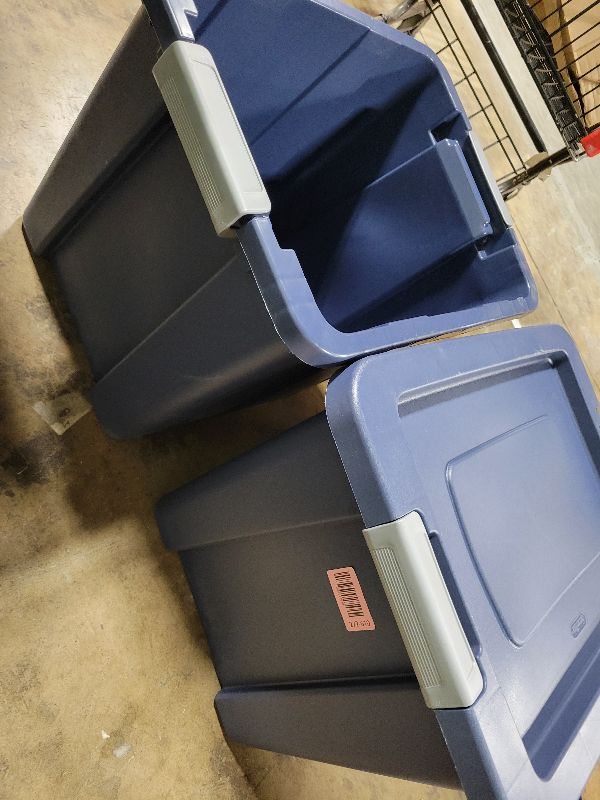 Photo 1 of 18 Gallon Heavy-Duty Latching Storage Tote, Rugged Plastic Storage Bin with Secure Snap Lid for Garage, Basement, Warehouse Organization - Dark Blue pack x2