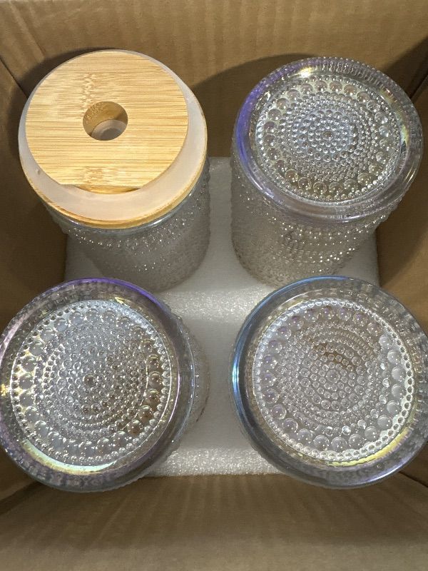 Photo 1 of **ONE LID IS SLIGHTLY DAMAGED**MISSING STRAWS*Vintage Drinking Glasses Set of 4 with Bamboo Lids, Textured Clear Striped Ribbed Glassware Set Cocktail Set Beaded Glass Cups Old Fashion Embossed Iced Coffee Cup for Beer, Beverage(16 oz), Rainbow