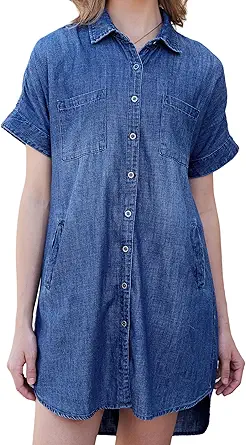 Photo 1 of **MISSING PARTS**OVRUNS Women Denim Shirt Dress Short Sleeve Button Front High-Low Hem Jean Shirt Mini Dresses with Pockets