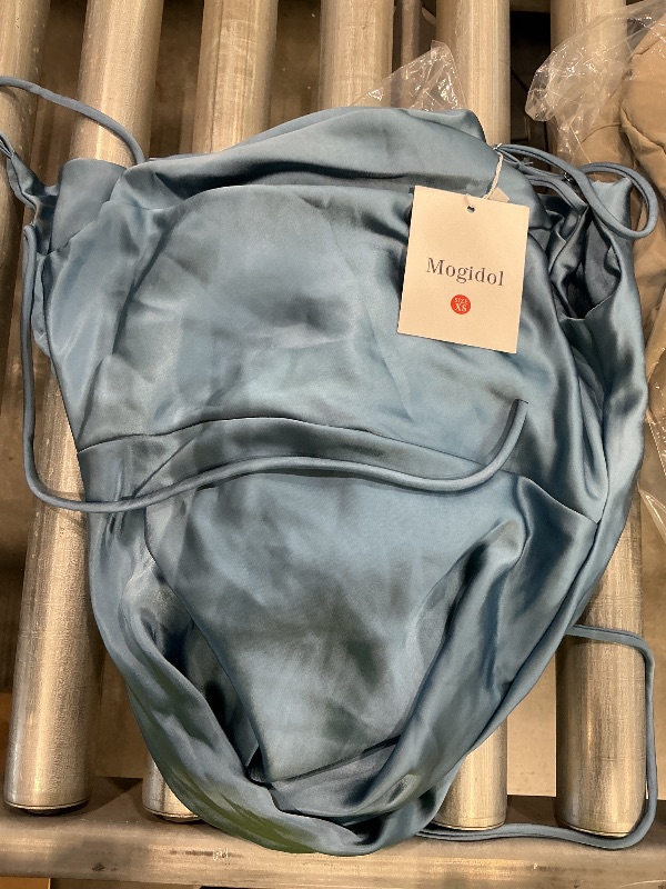 Photo 1 of *Minor Damage*
Mogidol Summer Satin Spaghetti Strap Cowl Neck Backless Midi Dresses for Women Elegant Tie Low Back Ruched Cocktail Dress Darkblue, Size XSmall