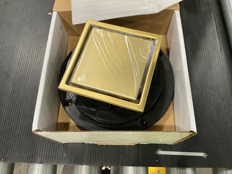 Photo 1 of 4 Inch Gold Shower Drain, SUS304 Stainless Steel Square Bathroom Floor Drain with Flange Reversible 2-in-1 Cover Insert Tiles for Filtering, Brushed Gold