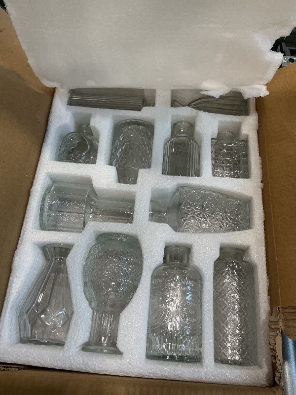 Photo 1 of 12 Pcs Small Glass Bud Vase Set of?Mini Vintage Vases in Bulk, Clear Bud Vases for Centerpieces? Rustic Wedding Decorations?Home Table Flower Décor.