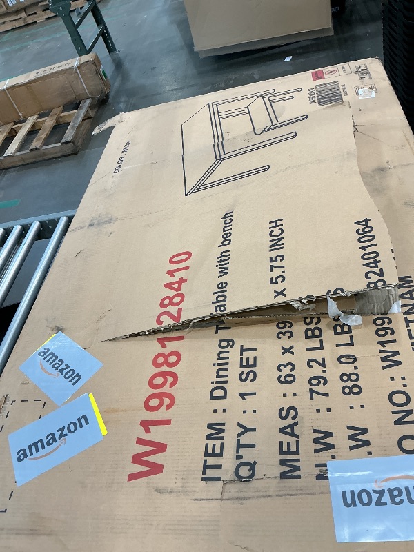 Photo 1 of Zevemomo 6-Piece Solid Wood Dining Table Set, Including 1 Dining Table, 4 Upholstered Chairs and 1 Bench, Wooden Legs Dining Table Set for Dining Room, Kitchen, Restaurant, White Diamond