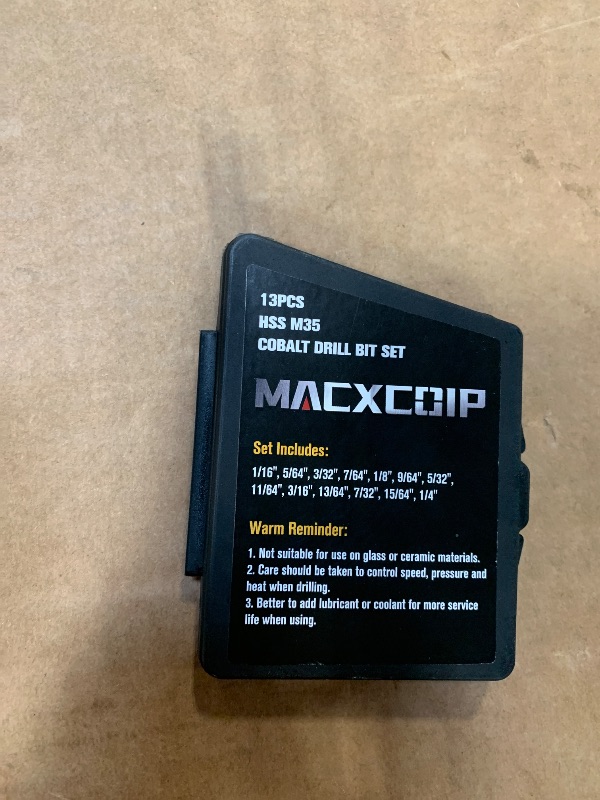 Photo 1 of ** 11 PCS ** MACXCOIP Cobalt Drill Bit Set, 13Pcs M35 High Speed Steel Jobber Length Drill Bit Kit for Hardened Metal, Stainless Steel, Cast Iron, Wood and Plastic, with Index Storage Case, 1/16"-1/4"