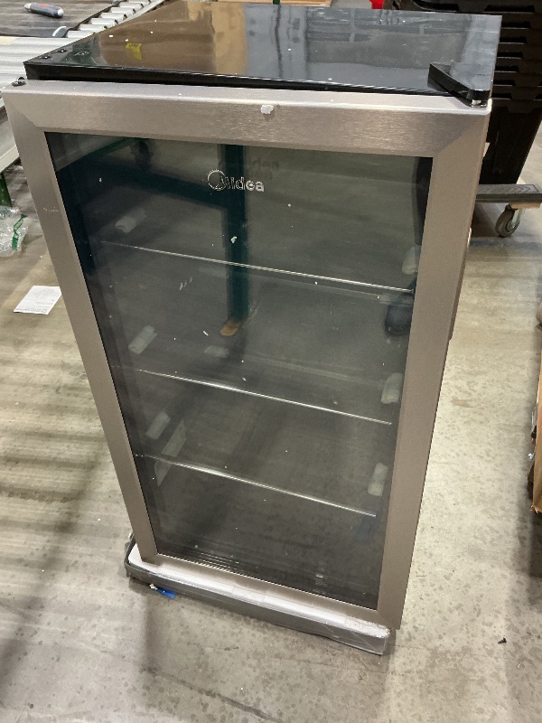Photo 1 of *Untested*
Midea MERV115T3AST 115 Cans Beverage Refrigerator with Adjustable Temperature, Removable Glass Shelf, LED Light, Silver