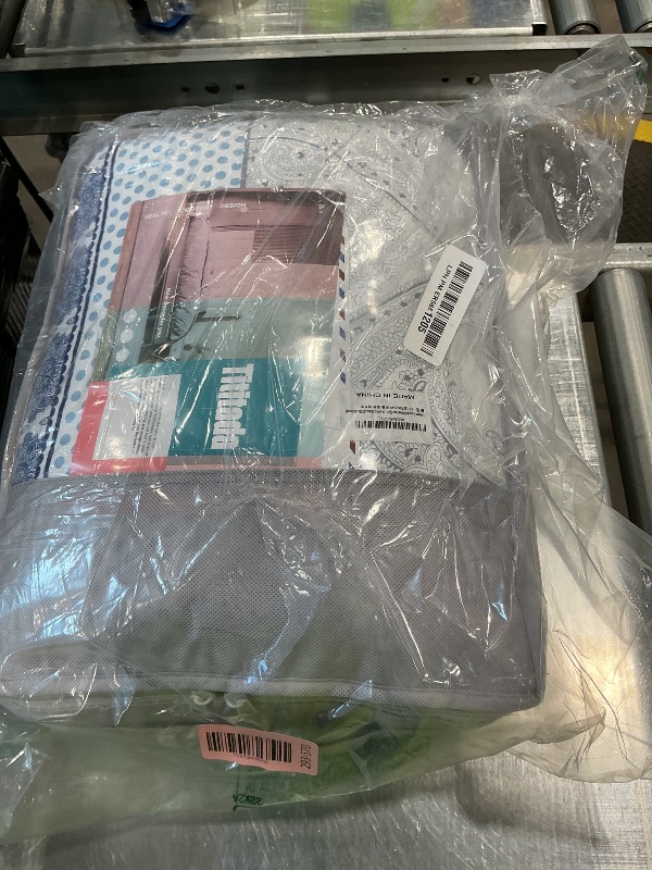 Photo 1 of 3 Pieces Colorful Bohemian Quilt Set California King Size, Blue n Grey Boho Striped Printed Bedding Bedspread Coverlet Set for Summer, Soft Lightweight Microfiber Quilt with 2 Shams (102x114 inces)