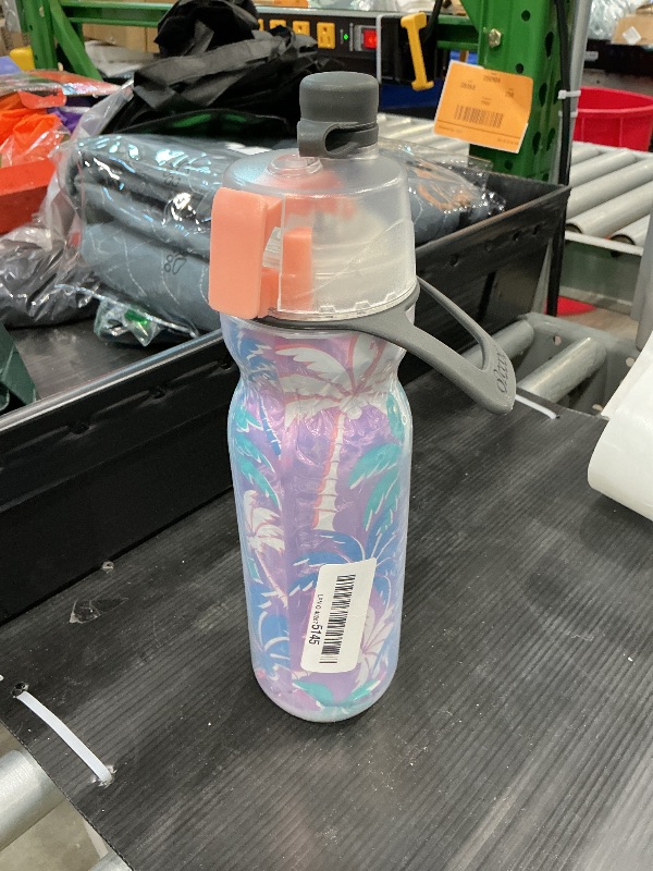 Photo 1 of **CLEAN FIRST** O2COOL Mist 'N Sip Misting Water Bottle 2-in-1 Mist And Sip Function With No Leak Pull Top Spout Reusable Sports Water Bottle - 20 oz (Pink Palm Tree)