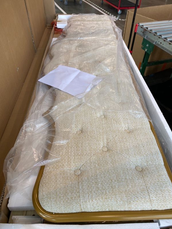 Photo 1 of ***PARTIAL SET*** ***READ CLERK NOTES*** Dolonm King Size Classic Buckle Backrest Platform Bed Frame, Metal Frames Bed Foundation with Wooden Slats Support, Beige + Yellow Leather Sponge Soft Bag Beds