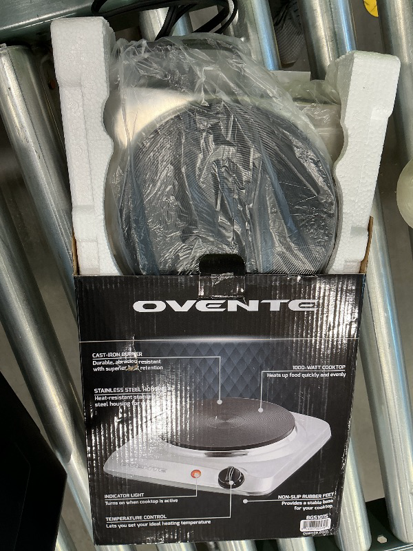 Photo 1 of **UNTESTED**
OVENTE Electric Countertop Single Burner, 1000W Cooktop with 7.25 Inch Cast Iron Hot Plate, 5 Level Temperature Control, Compact Cooking Stove and Easy to Clean Stainless Steel Base, Silver BGS101S