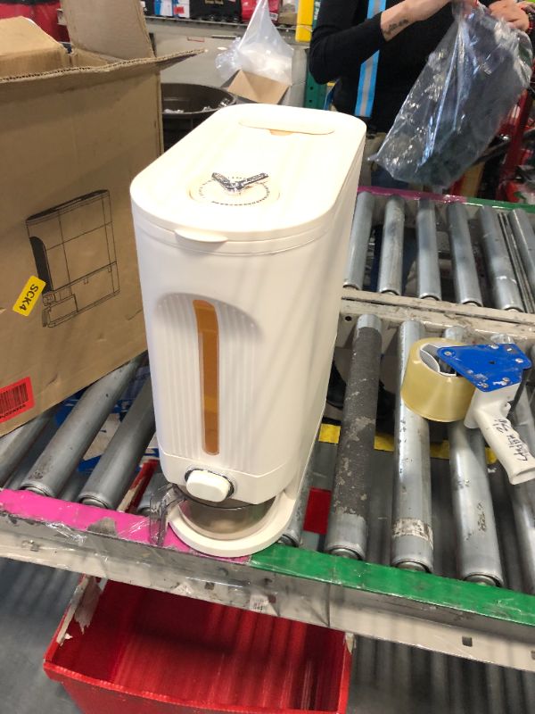 Photo 1 of **NEEDS TO BE CLEANED** IEEK 25 Lbs Rice Dispenser, Large Cereal Dry Food Storage Containers with Measuring Cup and Lid,Moisture Proof Airtight Food Dispenser Bucket for Rice,Corn,Coffee Bean,Grain,Soybean and Oatmeal,White