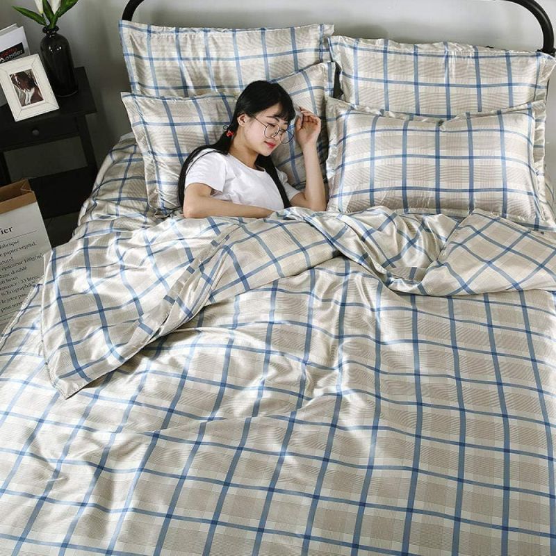 Photo 1 of ***PRICE 116.99 ******Bedding 4 Piece Bed Sheet Set,Silk Single Double Silky Nude Sleeping ice Silk Quilt Cover Single Quilt Cover Summer Ultra-Thin Cool Feeling Tencel Summer Cool Four-Piece Set-Gray and Blue Squares_1.5