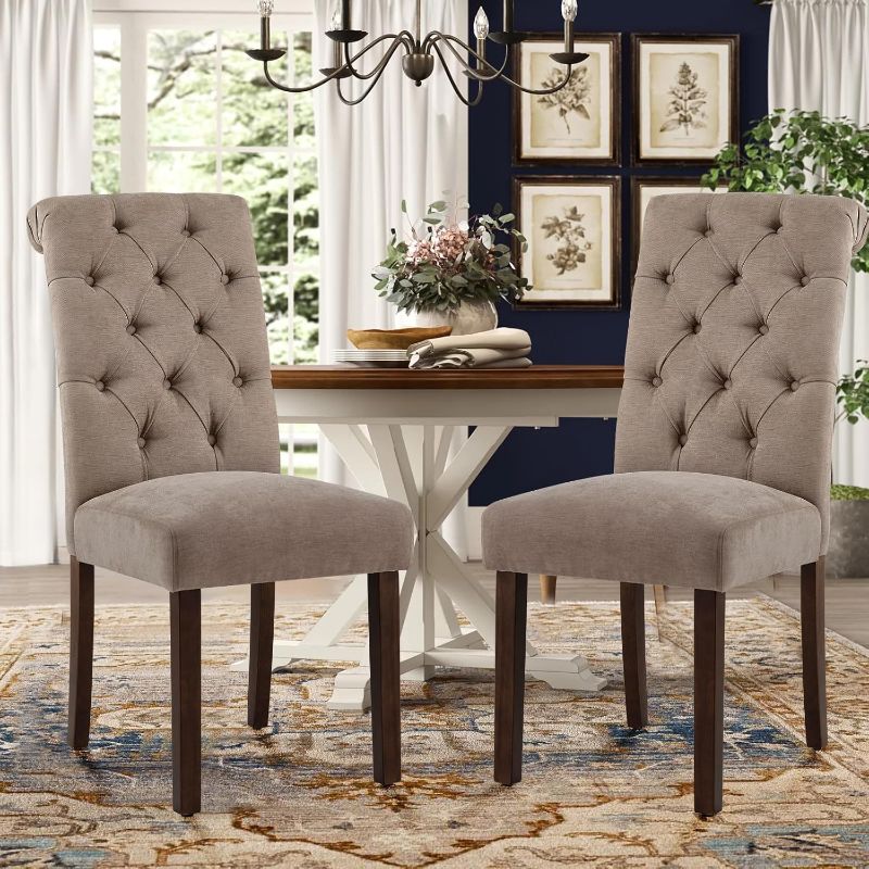 Photo 1 of ***MINOR DAMAGE*** COLAMY Button Tufted Dining Chairs Set of 2, Parsons Upholstered Fabric Dining Room Chairs Kitchen Chairs with Wood Legs and Padded Seat, Taupe