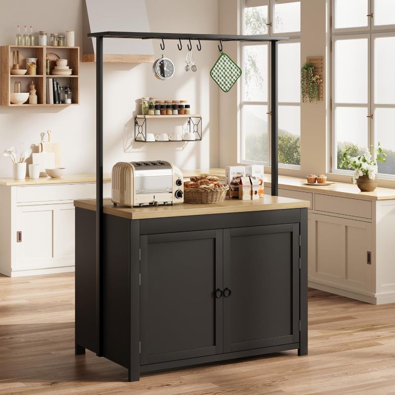 Photo 1 of ***STOCK IMAGE, ITEM/ COLOR MAY VARY, ONE PANEL HAS A BROKEN CORNER, POSSIBLE MISSING PIECES***GarveeHome Kitchen Island with Storage 42" - Heavy Duty Kitchen Cart, Mobile Kitchen Island with 2-Tier Shelves & 5 Hooks, Solid Wood Countertop for Small Space