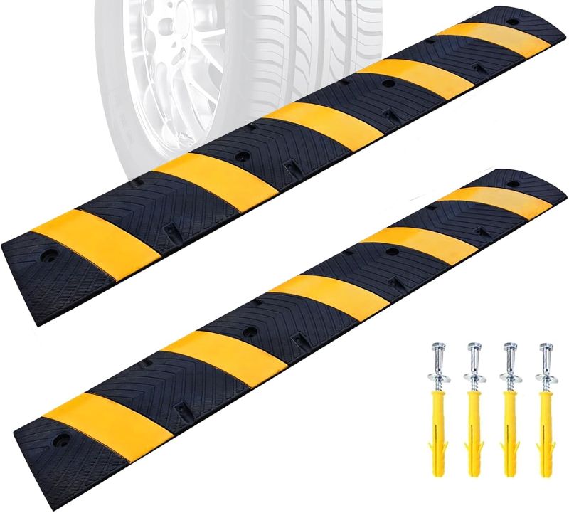 Photo 1 of ***MISSING SCREWS*** 6Feet Rubber Speed Bump, 72" x 12" x 2" Heavy Duty Speed Bump Cable Protector Ramp for Driveway, Road Parking, Garage, Parking Lot, Warehouse(2 Packs)