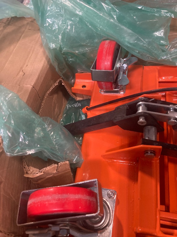 Photo 1 of ****MINOR USAGE*** VEVOR Hydraulic Lift Table Cart, 330lbs Load Capacity 50 Inch Lifting Height, Manual Single Scissor Lift Table with Non-Slip Pad and 4 Wheels, Hydraulic Scissor Cart for Material Handling, Orange