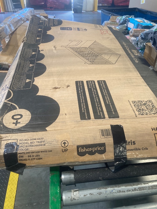 Photo 1 of ****POSSIBLY MISSING PARTS*** Dream On Me Fisher-Price Iris 4-in-1 Convertible Full-Size Baby Crib in Vintage White Oak, GreenGuard Gold & JPMA, Sustainable Pinewood, Converts to Day & Toddler Bed with Guard Rails & Kids Sofa