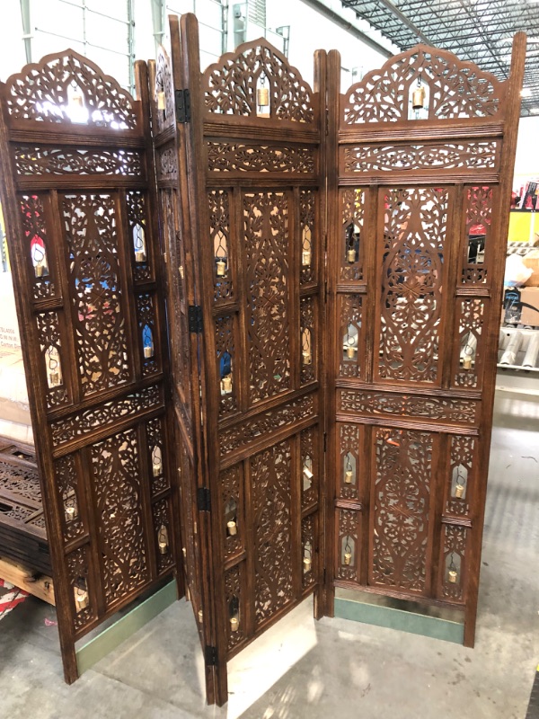 Photo 1 of ****MISSING SOME OF THE BELLS, MINOR SCRATCHES**** Room Divider Wood Screen - Ghanti Bells Antique Brown - 4 Panel Folding 72 x 80 - Assembled Hand Carved Decorative Functional Versatile Portable Partition Reversible Privacy Boho - COTTON CRAFT