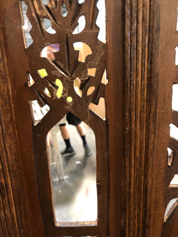 Photo 1 of ****MISSING SOME OF THE BELLS, MINOR SCRATCHES**** Room Divider Wood Screen - Ghanti Bells Antique Brown - 4 Panel Folding 72 x 80 - Assembled Hand Carved Decorative Functional Versatile Portable Partition Reversible Privacy Boho - COTTON CRAFT