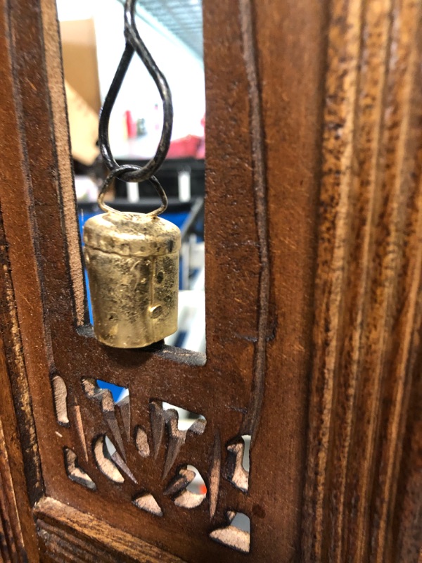 Photo 1 of ****MISSING SOME OF THE BELLS, MINOR SCRATCHES**** Room Divider Wood Screen - Ghanti Bells Antique Brown - 4 Panel Folding 72 x 80 - Assembled Hand Carved Decorative Functional Versatile Portable Partition Reversible Privacy Boho - COTTON CRAFT
