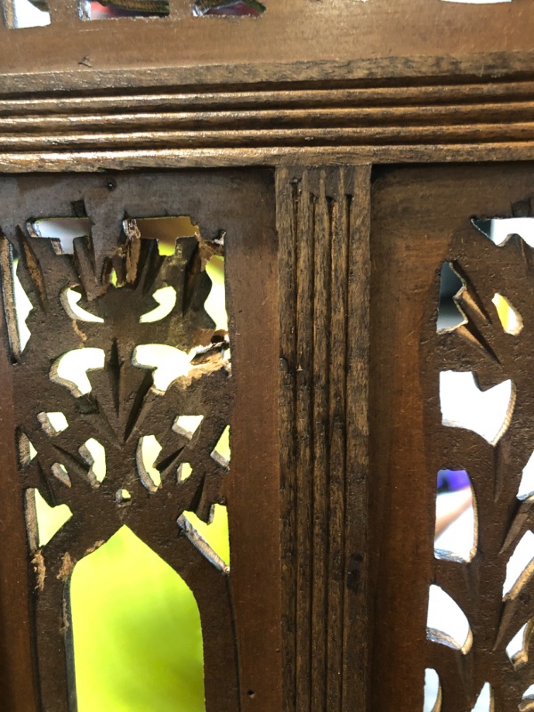 Photo 1 of ****MISSING SOME OF THE BELLS, MINOR SCRATCHES**** Room Divider Wood Screen - Ghanti Bells Antique Brown - 4 Panel Folding 72 x 80 - Assembled Hand Carved Decorative Functional Versatile Portable Partition Reversible Privacy Boho - COTTON CRAFT