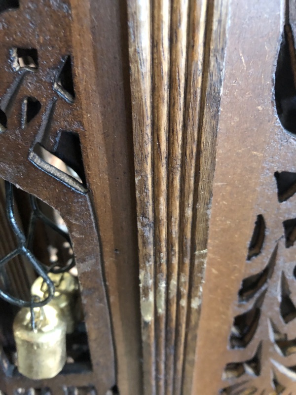 Photo 1 of ****MISSING SOME OF THE BELLS, MINOR SCRATCHES**** Room Divider Wood Screen - Ghanti Bells Antique Brown - 4 Panel Folding 72 x 80 - Assembled Hand Carved Decorative Functional Versatile Portable Partition Reversible Privacy Boho - COTTON CRAFT
