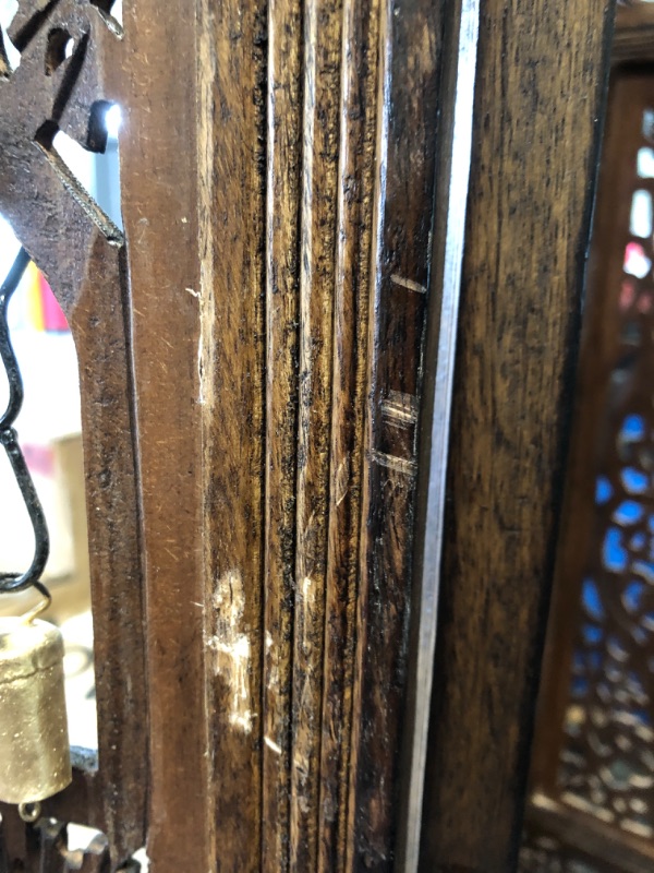 Photo 1 of ***MISSING BELL, MINOR SCRATCHES AND DENTS***Room Divider Wood Screen - Ghanti Bells Antique Brown - 4 Panel Folding 72 x 80 - Assembled Hand Carved Decorative Functional Versatile Portable Partition Reversible Privacy Boho - COTTON CRAFT