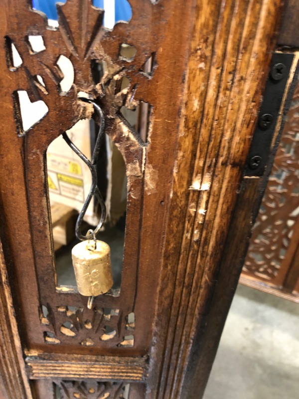 Photo 1 of ***MISSING BELL, MINOR SCRATCHES AND DENTS***Room Divider Wood Screen - Ghanti Bells Antique Brown - 4 Panel Folding 72 x 80 - Assembled Hand Carved Decorative Functional Versatile Portable Partition Reversible Privacy Boho - COTTON CRAFT